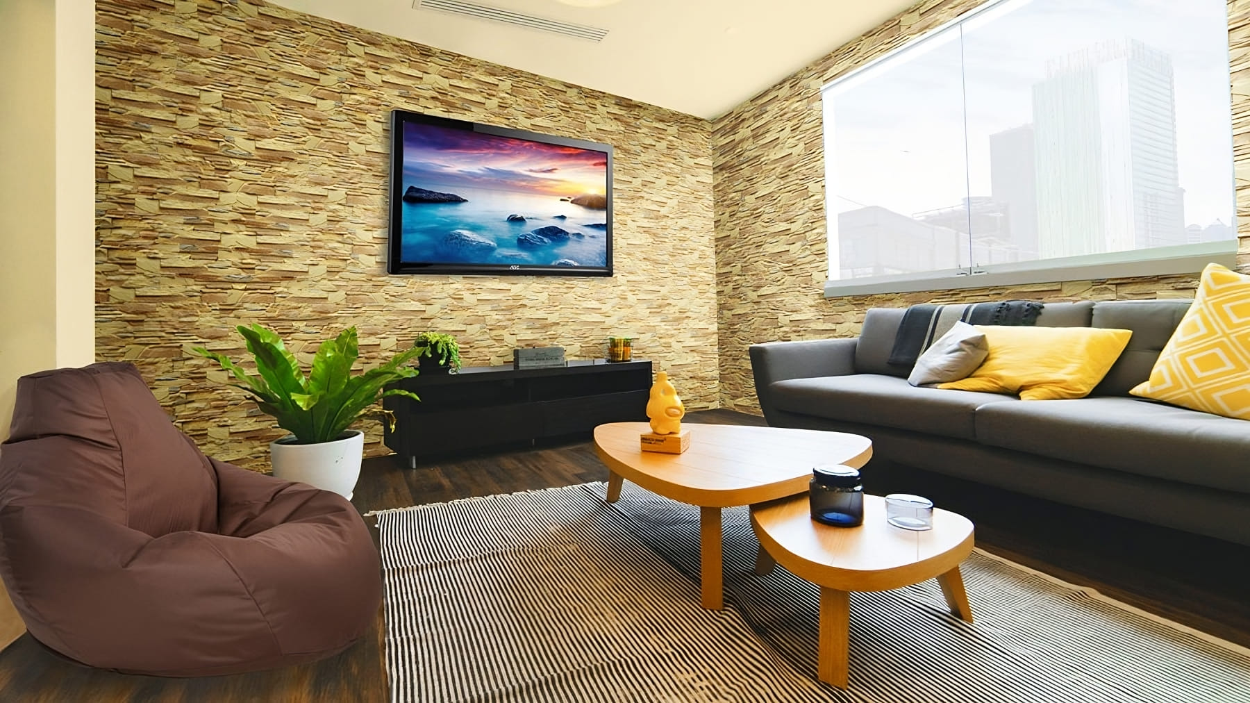 Walls in the living room decorated with tiles